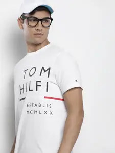 Tommy Hilfiger Men White Typography Printed Pure Cotton T-shirt