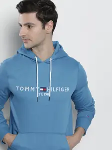 Tommy Hilfiger Men Blue Brand Logo Embroidered Hooded Sweatshirt