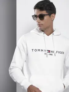 Tommy Hilfiger Men White Brand Logo Embroidered Hooded Sweatshirt
