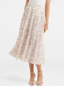 Forever New Women White & Pink Printed Flared Midi Skirt
