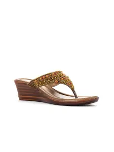 Khadims Women Brown Embellished Ethnic Wedge Sandals
