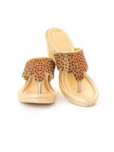 Khadims Gold-Toned Embellished Ethnic Wedge Sandals