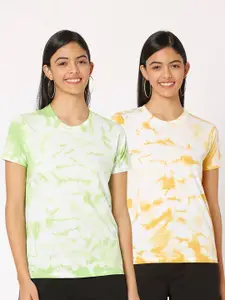 Smarty Pants Women White & Green Tie and Dye Pack of 2 Printed T-shirt