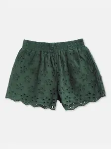 Cherry Crumble Kids-Girls Green Cotton Blend Schiffli Embroidery Shorts