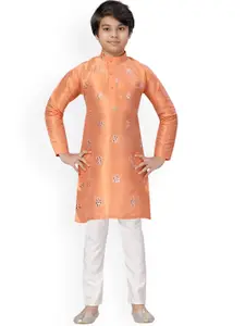 Aarika Boys Peach-Coloured Floral Embroidered Pure Cotton Kurta with Churidar