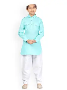 Aarika Boys Turquoise Blue & White Pure Cotton Kurta with Pyjamas