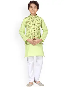 Aarika Boys Green Printed Pure Cotton Sherwani With Pyjama & Waistcoat