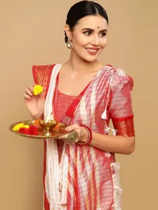 Satrani Off White & Red Woven Design Zari Saree