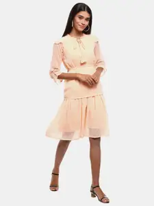 V-Mart Peach-Coloured Tie-Up Neck Georgette  Dress