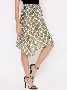 aturabi Women White & Green Printed Knee Length Flared Skirts
