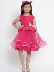 Bitiya by Bhama Girls Fuchsia Pink Embellished Fit and Flare Net Dress