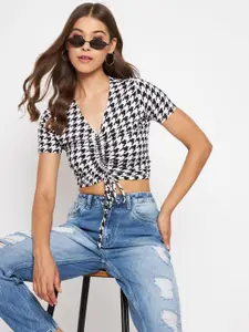 Uptownie Lite White & Black Print Stretchable Front Drawstring Ruched Crop Top