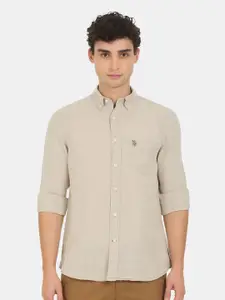 U.S. Polo Assn. U S Polo Assn Men Beige Solid Cotton Casual Shirt