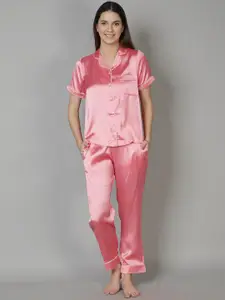 DUSK ATTIRE Women Pink Solid Satin Night Suit