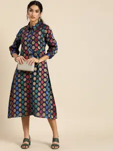 Sangria Navy Blue & Red Geometric Woven Design Pure Cotton Ethnic Dress