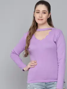 Q-rious Women Lavender Solid Choker Neck Top
