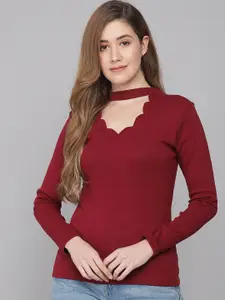 Q-rious Maroon Solid  Choker Neck Top