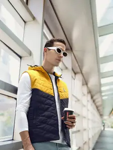 U.S. Polo Assn. U S Polo Assn Men Navy Blue And Mustard Colourblocked Hooded Padded Jacket