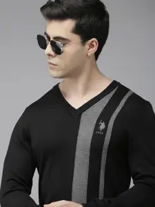 U.S. Polo Assn. Men Black Striped Pullover with Embroidered Detail