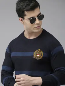 U.S. Polo Assn. Men Navy Blue Striped Pullover with Embroidered Detail