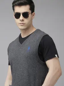U.S. Polo Assn. Men Charcoal Grey Solid Sweater Vest with Embroidered Detail
