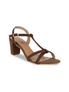 SOLES Brown Textured Block Sandals with Buckles