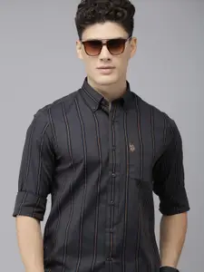 U.S. Polo Assn. U S Polo Assn Men Charcoal Black And Peach Tailored Fit Striped Pure Cotton Casual Shirt