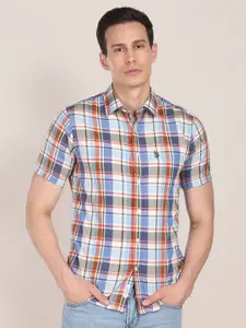 U.S. Polo Assn. U S Polo Assn Men Blue And Rust Red Tailored Fit Checked Pure Cotton Casual Shirt