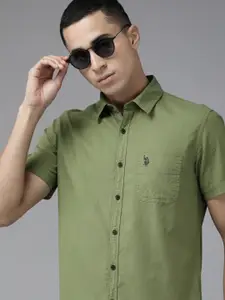 U.S. Polo Assn. Denim Co. U S Polo Assn Denim Co Men Olive Green Solid Slim Fit Pure Cotton Casual Shirt
