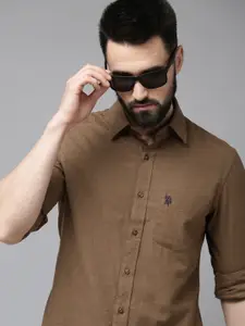 U.S. Polo Assn. Men Khaki Solid Pure Cotton Tailored Fit Casual Shirt