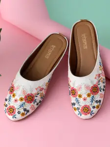 Kiana Women White Ethnic Floral Embroidered Canvas Flats Mules