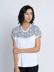 B.Copenhagen Women White Printed V-Neck Extended Sleeves T-shirt