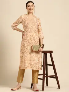 Sangria Women Peach-Coloured Floral Printed Straight Kurta