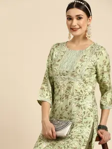 Sangria Women Lime Green Floral Printed Kurta