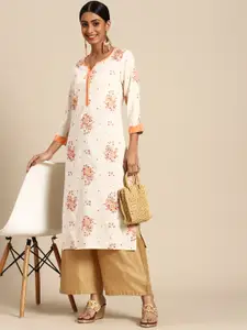 Sangria Women Off White & Orange Floral Printed Floral Kurta