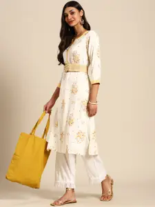 Sangria Women Off White & Yellow Ethnic Motifs Printed Kurta