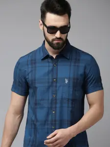 U.S. Polo Assn. Denim Co. Men Blue Slim Fit Checked Pure Cotton Casual Shirt