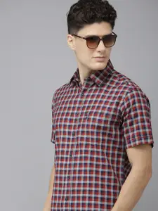 U.S. Polo Assn. U S Polo Assn Men Rust Red And Navy Blue Tailored Fit Checked Pure Cotton Casual Shirt