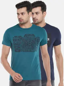 People Men Navy Blue & Teal Typography 2 Printed  Slim Fit T-shirt