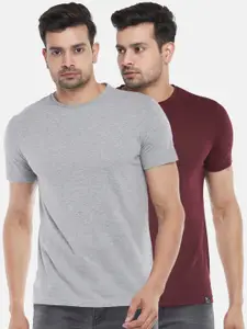 People Men Grey & Maroon 2 Slim Fit T-shirt