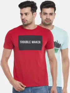 People Men Green & Red Typography 2 Printed Slim Fit T-shirt