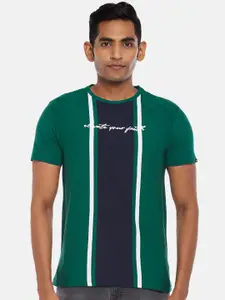 People Men Green & Black Striped Applique Slim Fit T-shirt