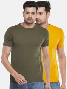 People Men Olive Green & Yellow 2 Slim Fit T-shirt