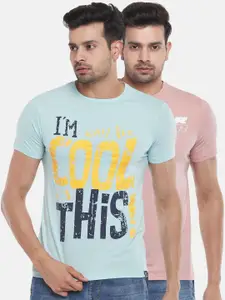 People Men Pink & Blue Typography 2 Printed Slim Fit T-shirt