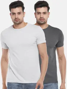 People Men Grey Melange & Off White 2 Raw Edge Slim Fit T-shirt