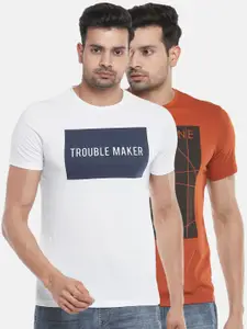 People Men Rust Typography  Pack Of 2 Rust-White Printed Slim Fit T-shirt