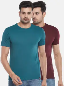 People Men Set Of 2 Teal Blue & Maroon Slim Fit Solid T-shirt