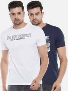 People Men Set Of 2 Navy Blue & White Typography Printed Slim Fit T-shirt