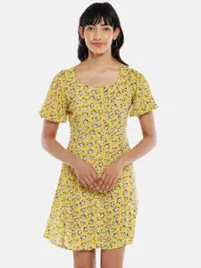 People Women Mustard Yellow Floral Printed A-Line Dress