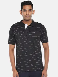 BYFORD by Pantaloons Men Black Typography Printed Polo Collar Slim Fit T-shirt